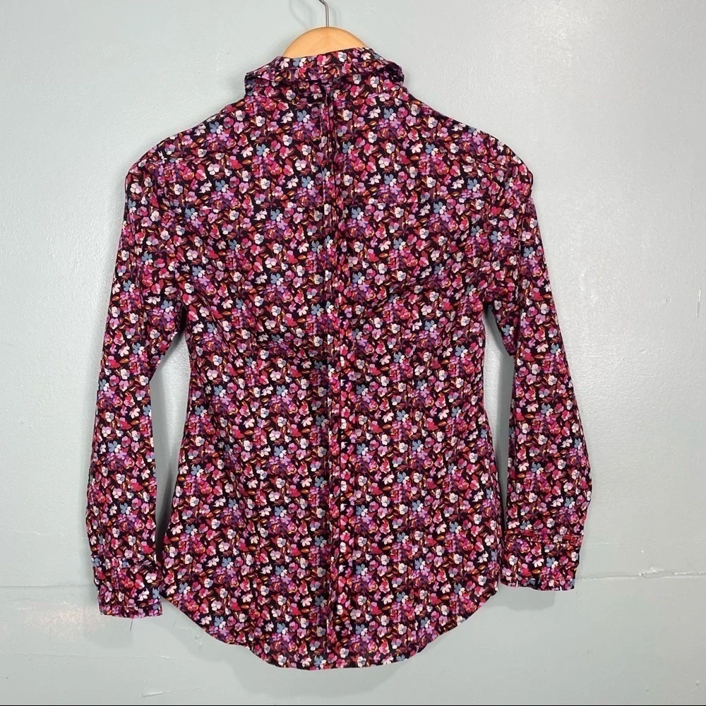 J‎ Crew Liberty Of London Sz 00 Ruffle Collar Shirt Tie Neck Red Pink Floral